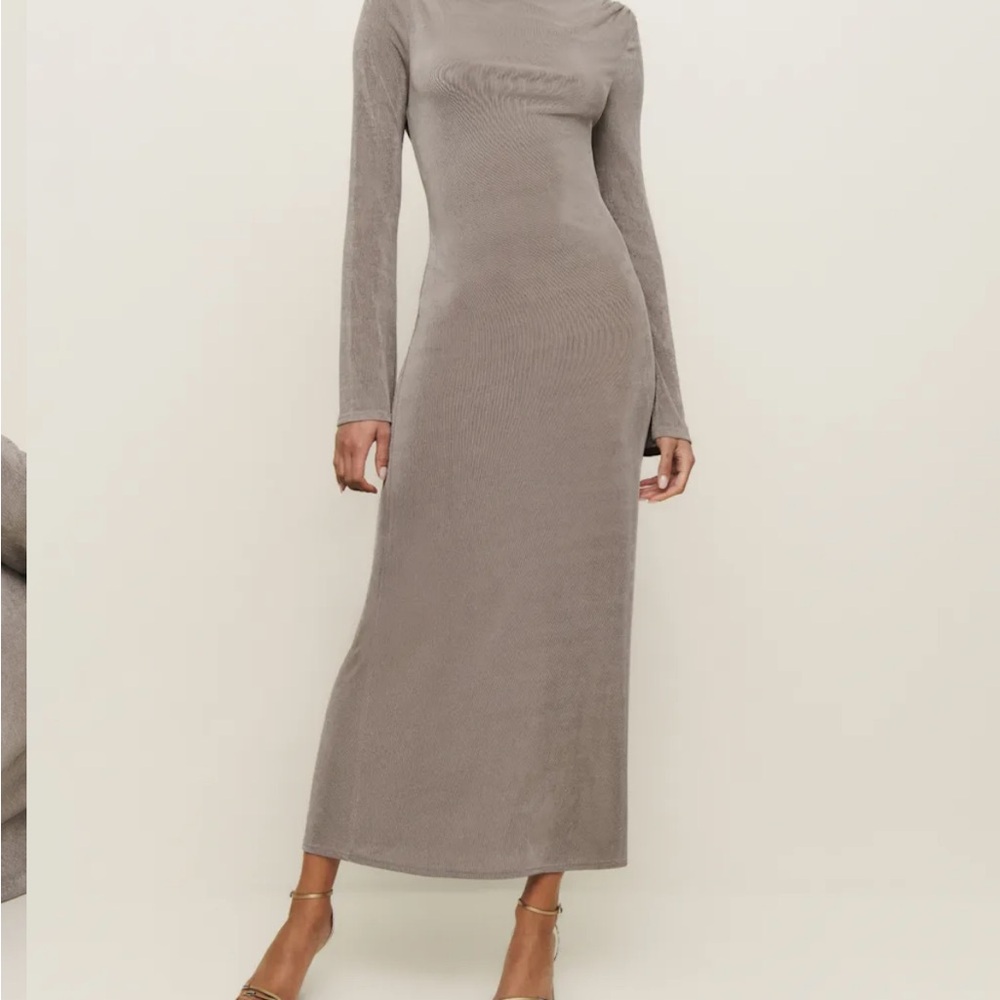 Reformation Taupe Long Sleeve Wedding Guest Dress